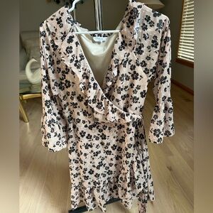 Floral Ruffle Wrap Boutique Dress - Black and Cream